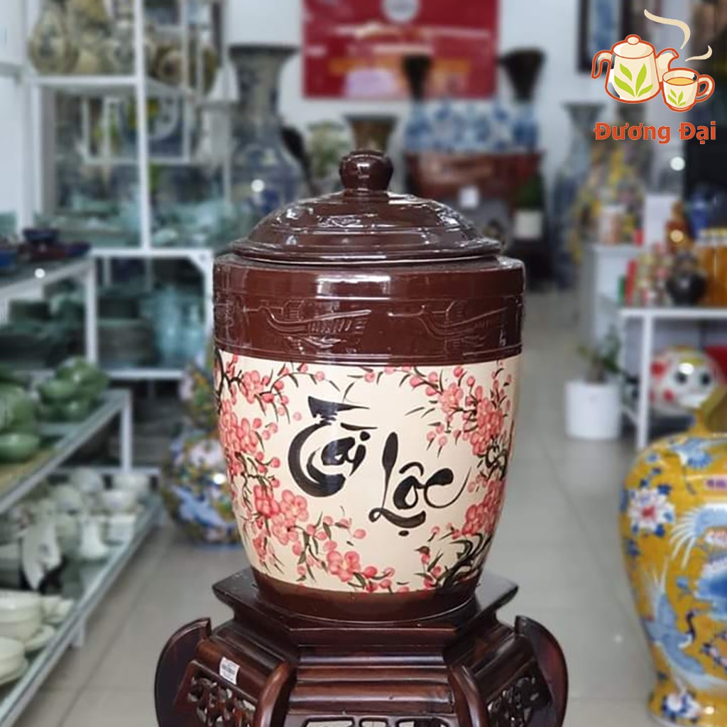 Hũ sành đựng gạo, đựng nước, Chum vò ngâm rươ.u tráng men chữ tài lộc hình con hạc Gốm Sứ Bát Tràng Đương Đại