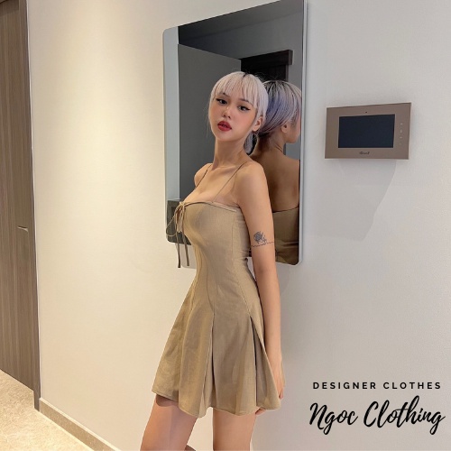 Váy 2 dây đơn giản màu beige và đen NGOCCLOTHING nữ  Đầm 2s ngắn dáng xoè, cột nơ phong cách lolita, đáng yêu