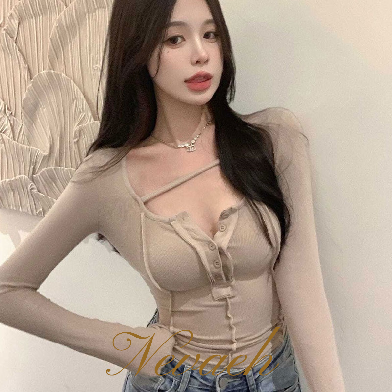 Áo Thun Tay Dài Cổ Chữ V Khoét Sâu Dáng Ôm Thời Trang 2022 Mới Mẻ Quyến Rũ Cho Nữ