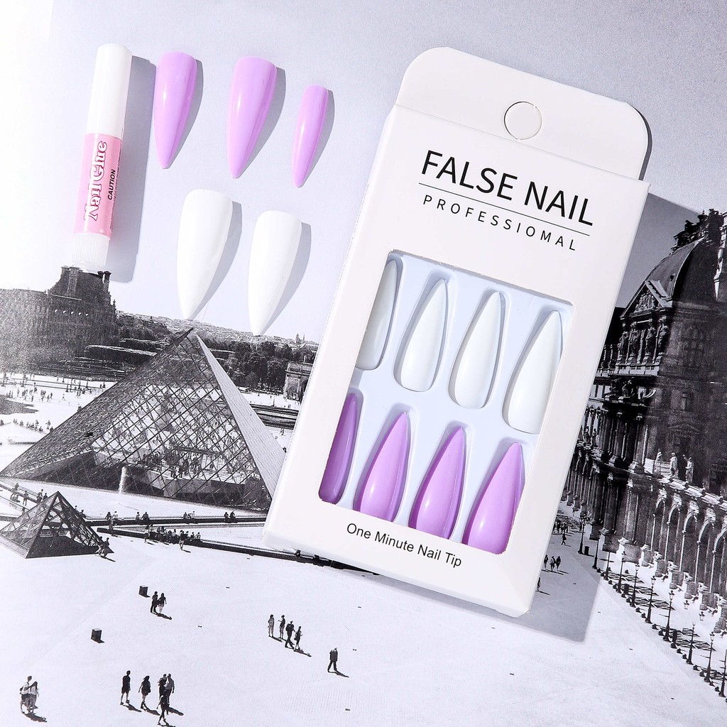 Set 24 móng tay dài đầu nhọn màu sáng