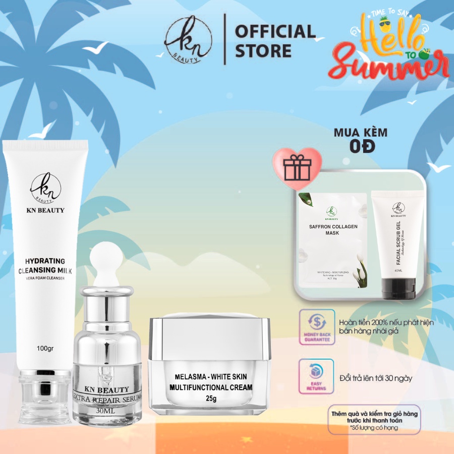 TRọn bộ 3 sản phẩm Trắng Da Ngừa nám KN Beauty: Kem dưỡng + Serum + Sữa rửa mặt tặng mặt nạ + tẩy tế bào chết 40ml