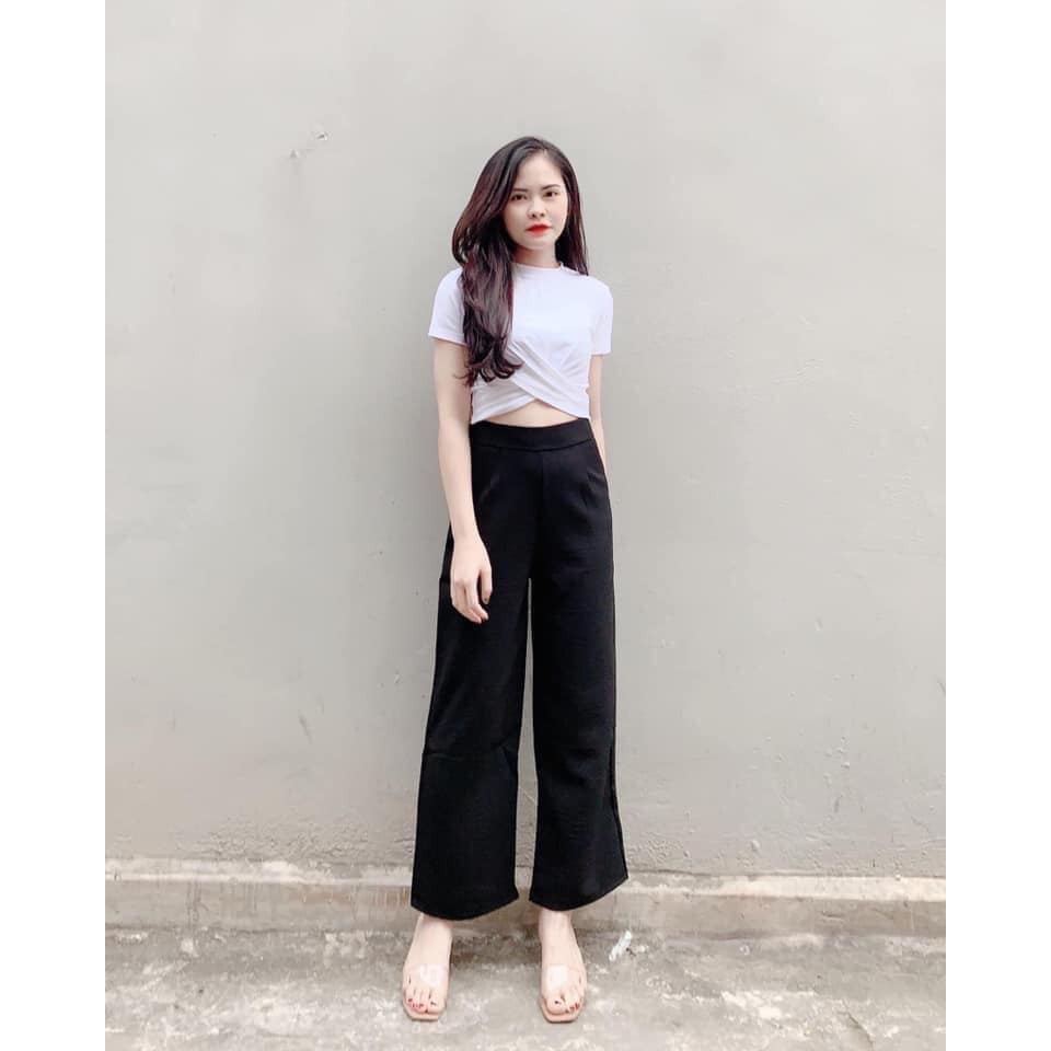 Áo croptop tay ngắn xoắn eo cotton co giãn tôn dáng