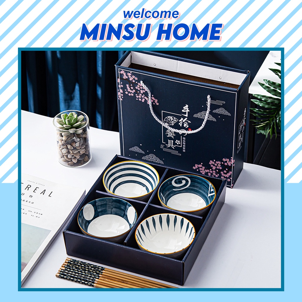 Bộ 6 bát ăn cơm kèm đũa MINSU set chén cơm gia đình men sứ cao cấp kèm hộp quà tặng sang trọng phong cách Nhật Bản