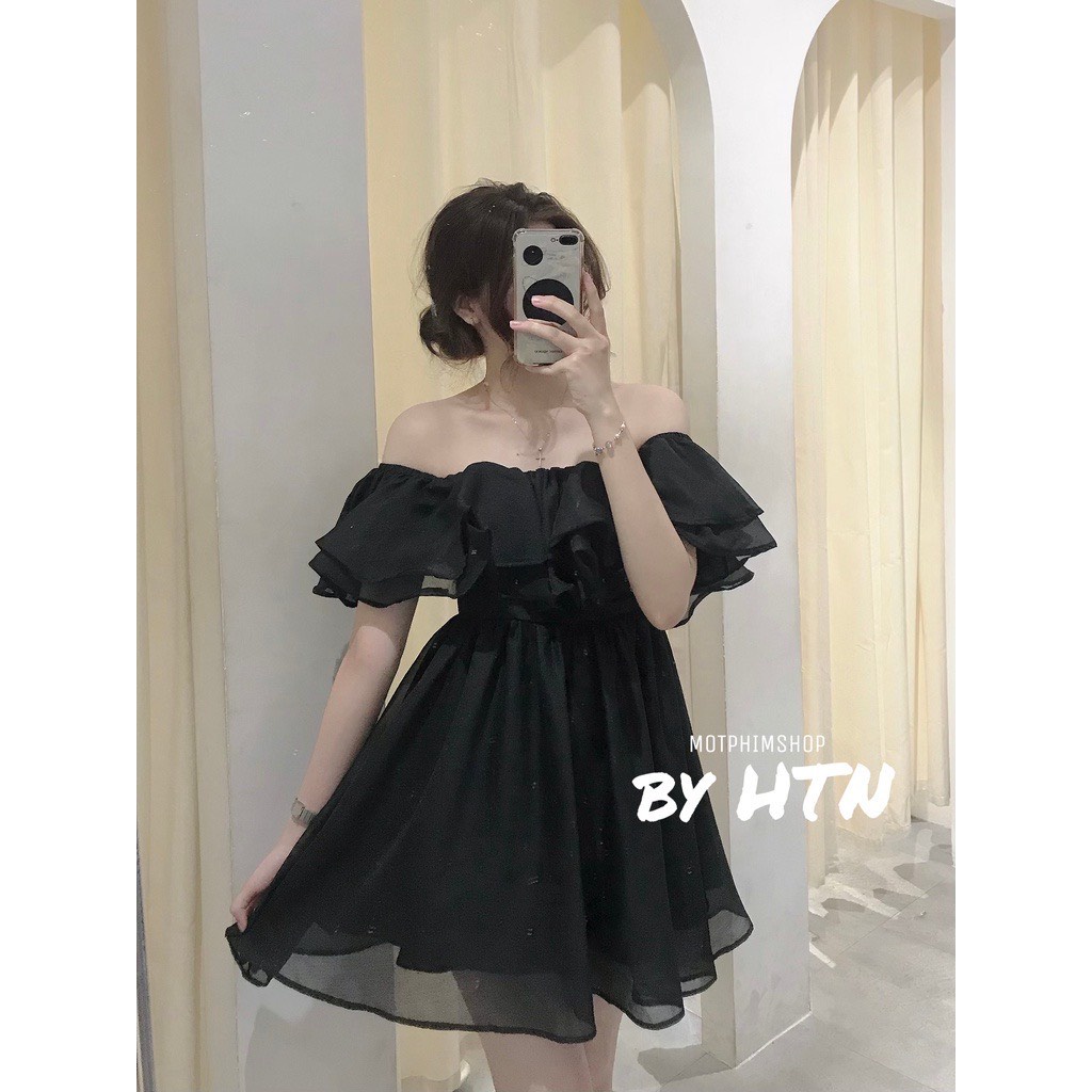 Váy babydoll trễ vai - Váy trễ vai công chúa xoè bồng chất voan đũi cát chuẩn đẹp Chang Bi Shop