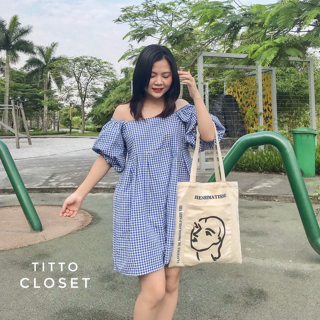 Váy Babydoll Trễ Vai Caro Xanh - Váy Đi Biển - Ảnh Thật - Titto Closet