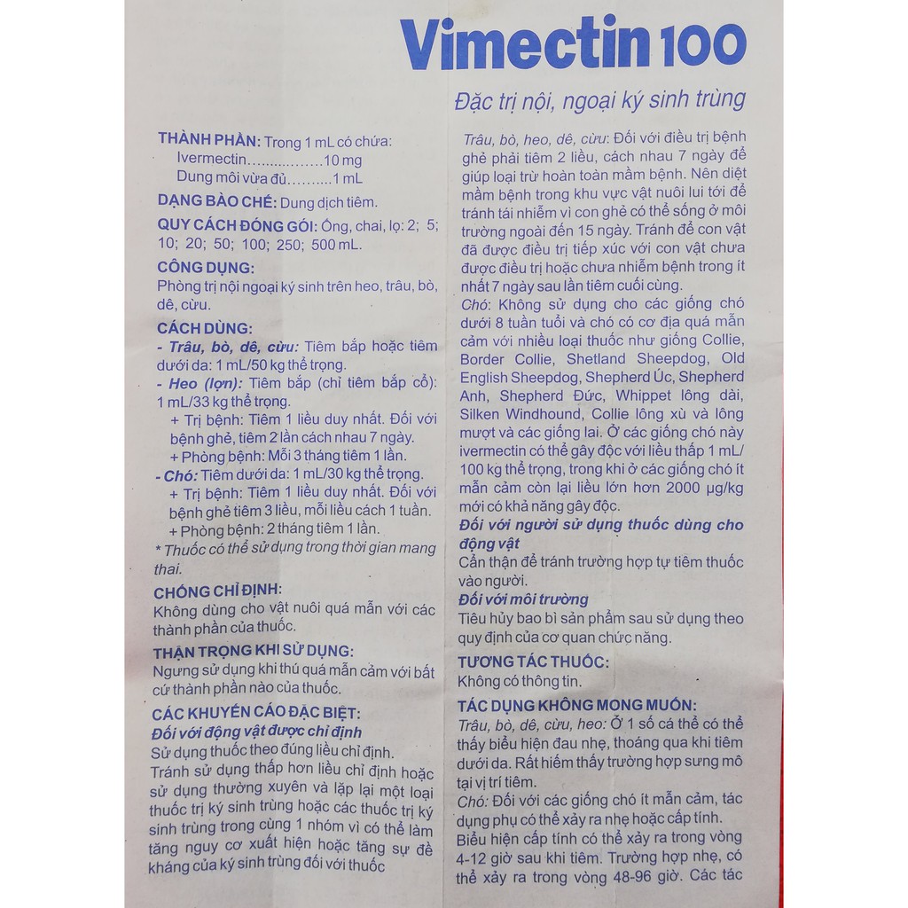 1 lọ 100ml VIMECTIN 100 Chuyên dùng cho heo, trâu, bò, dê, cừu, ngựa, lợn, chó, mèo, thỏ