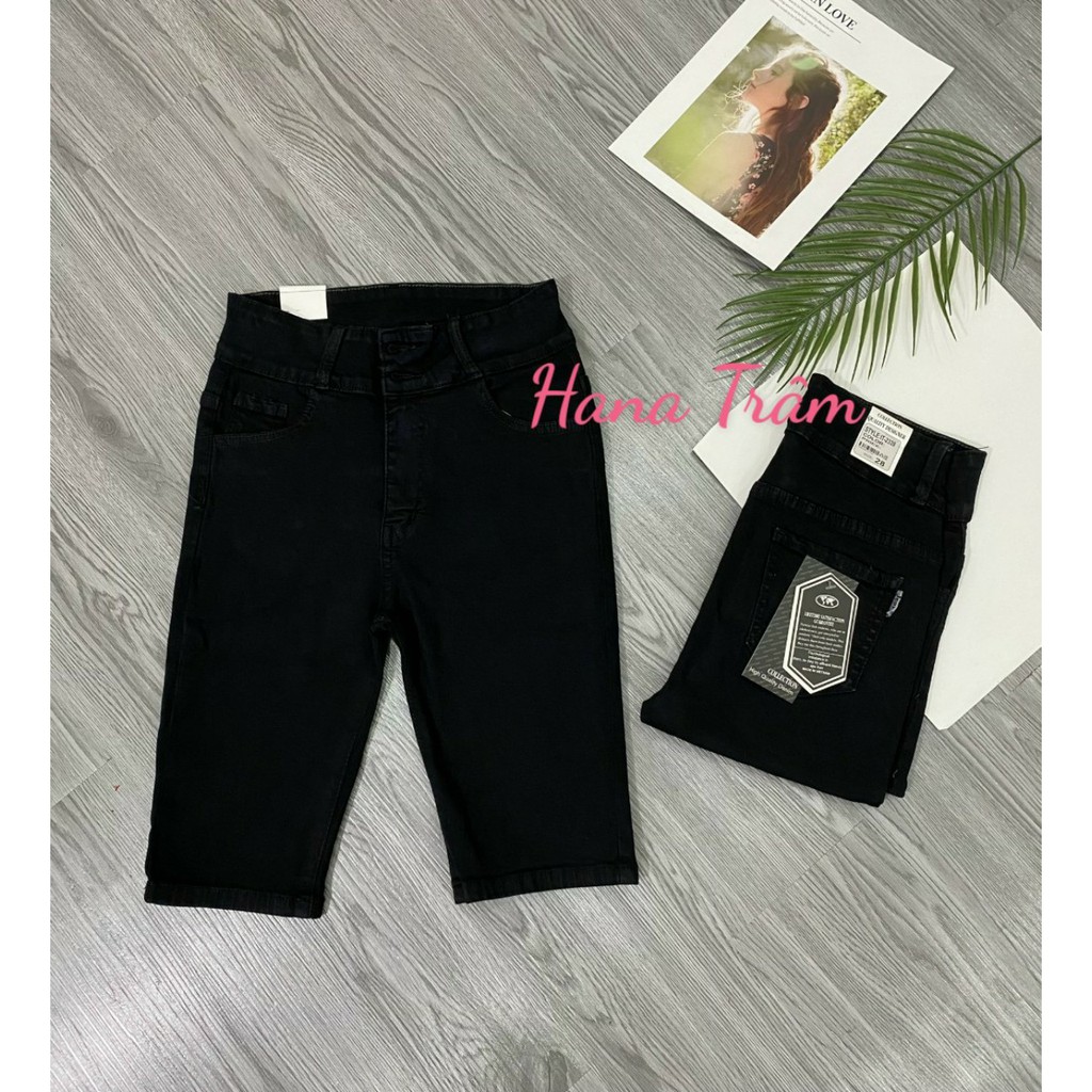 Quần jean lửng gối hàng lưng cao 2 nút co giãn mạnh màu đen