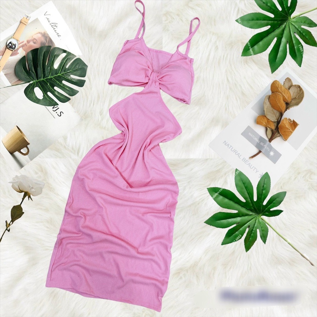 đầm 2 dây cột ngực khoét  hở 2 bên eo sexy thun gân có mút lk