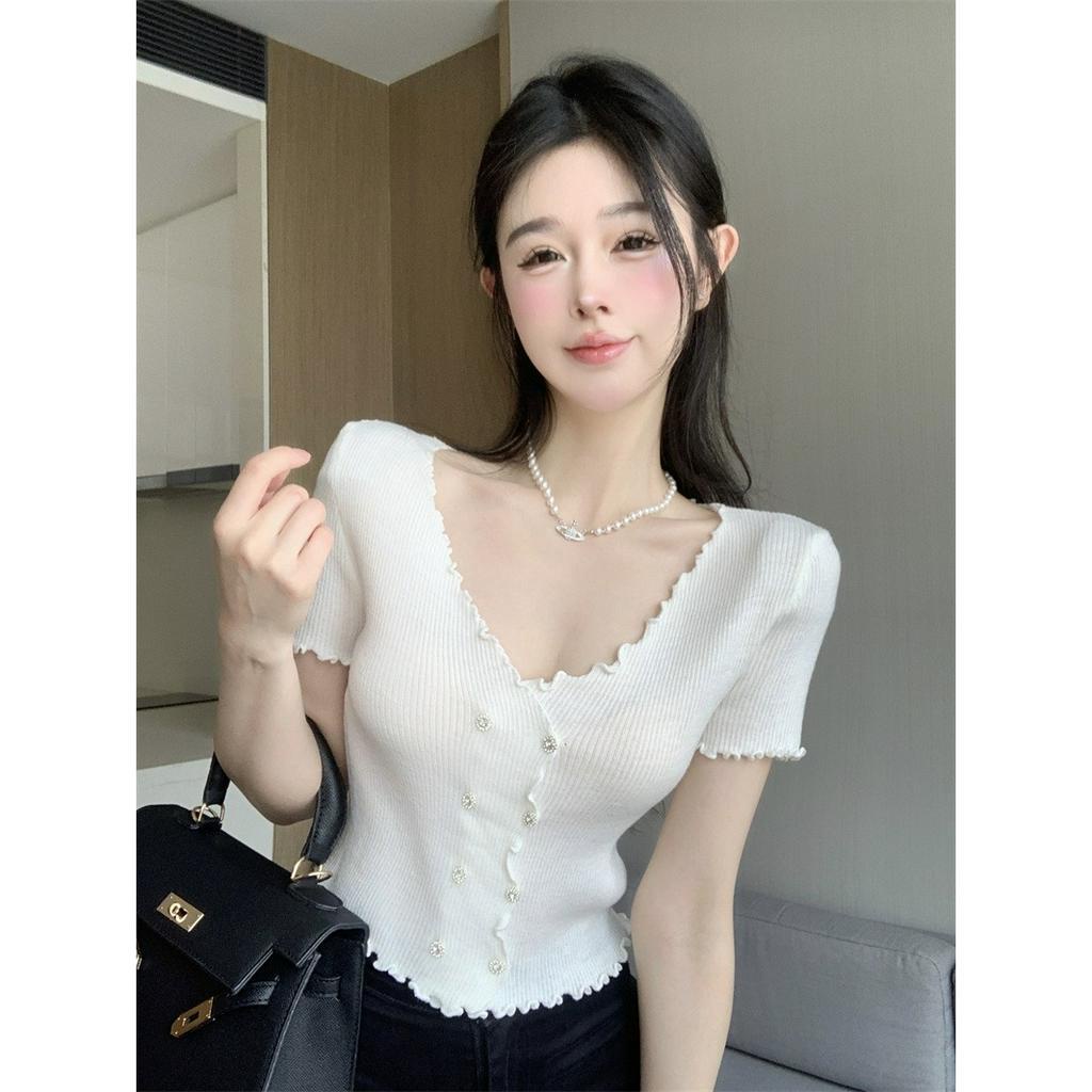 ZHELIHANGFEI Áo Dệt Kim Tay Ngắn Cổ Chữ V Vải Lụa Mát Thời Trang Quyến Rũ Cho Nữ