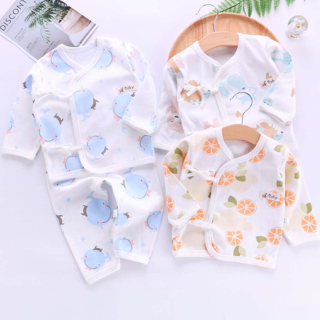 Bộ cotton dài tay cúc giữa Cotton mặc hè thu cho bé trai bé gái sơ sinh Hàng Quảng Châu xuất Nhật BDT07