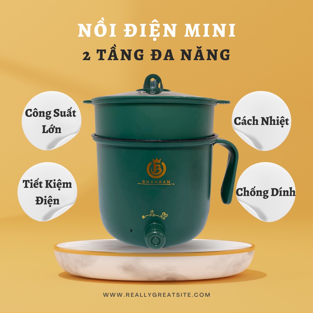 Nồi Lẩu Điện Mini, Nấu Mì 2 Tầng Kèm Giá Hấp Đa Năng Nướng, Luộc, Chiên Chống Dính Vấn Đá Tiện Lợi, Ca nấu mì mẫu mới