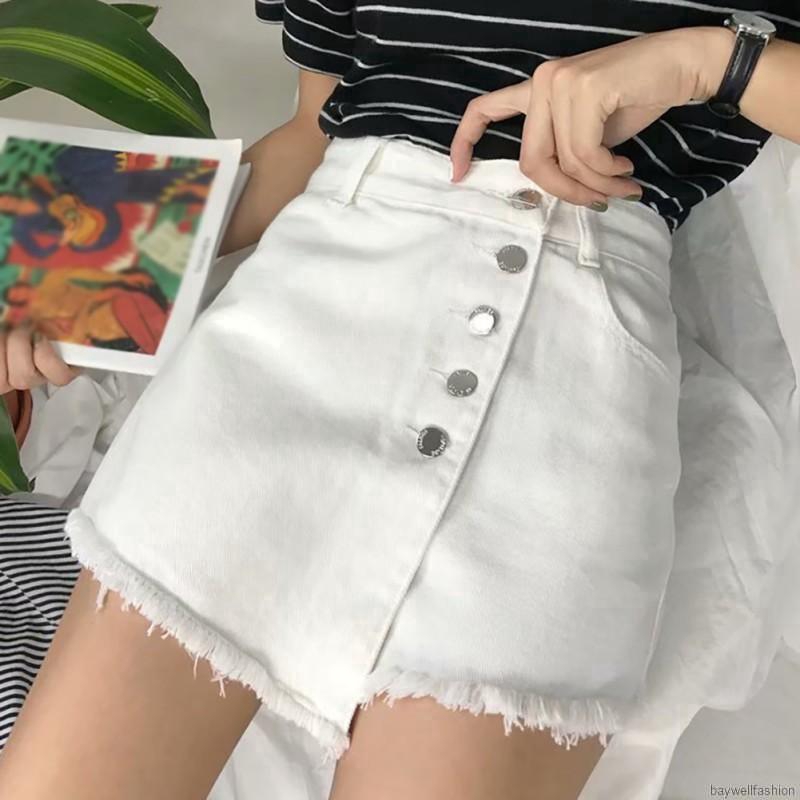 [Baywellfashion]Quần sọt Denim lưng cao phối nút thiết kế dáng chữ A thanh lịch | BigBuy360 - bigbuy360.vn