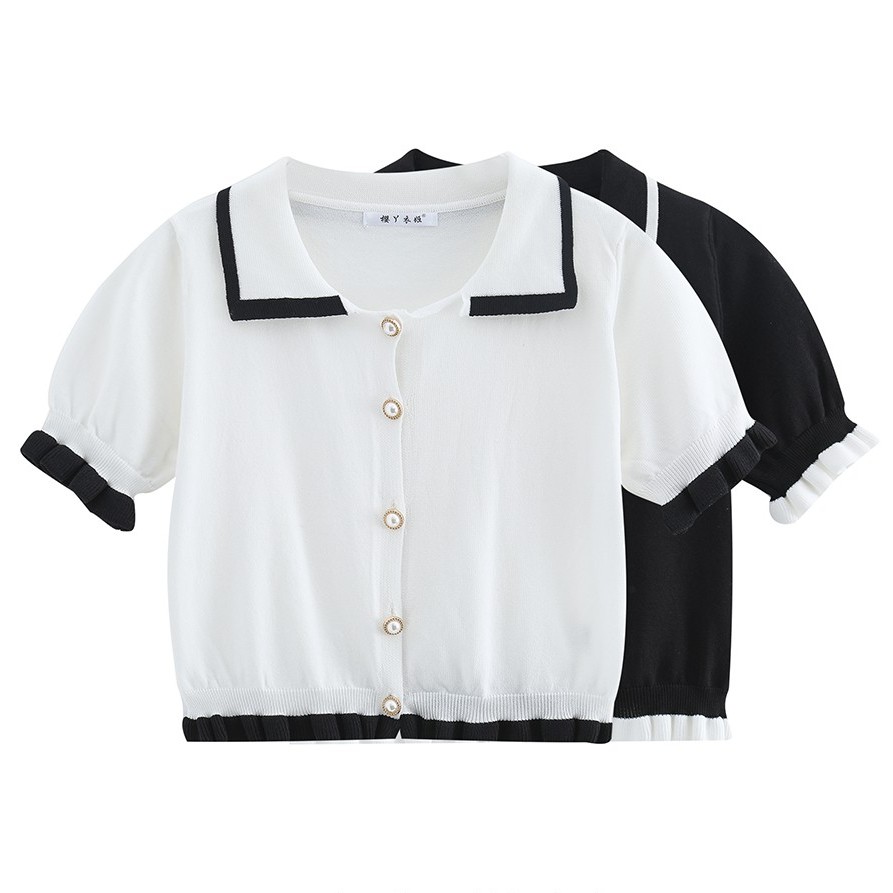 Blouse Sweet beauty Maiden Hit the color Ruffle Black and white Knitted top