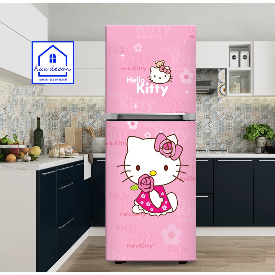 Decal dán tủ lạnh  Hellokitty HUE DECOR - màu sắc nhẹ nhàng nữ tính, chống nước, siêu bền với thời gian