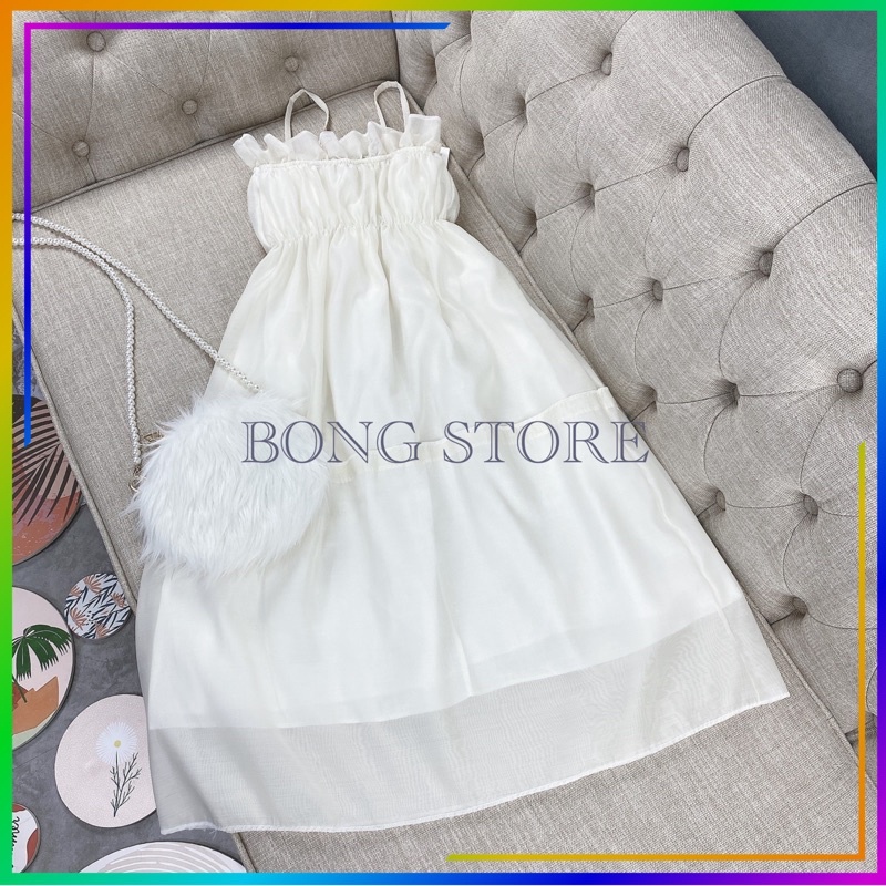 Váy 2 dây nữ, váy nữ xinh 2 dây bèo tầng cực xinh vải tơ nhũ hàng QC loại 1