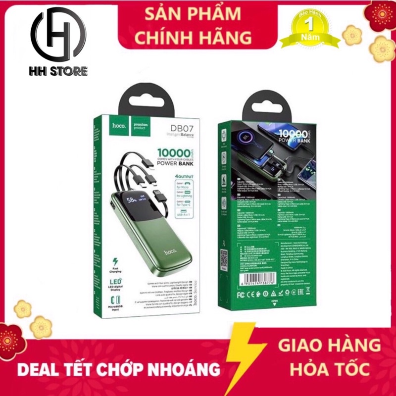 Sạc dự phòng Hoco DB07 10000mah🌟Tích Hợp 3 Cáp Sạc Micro/Lightning/Type-C - Bảo Hành 12 Tháng