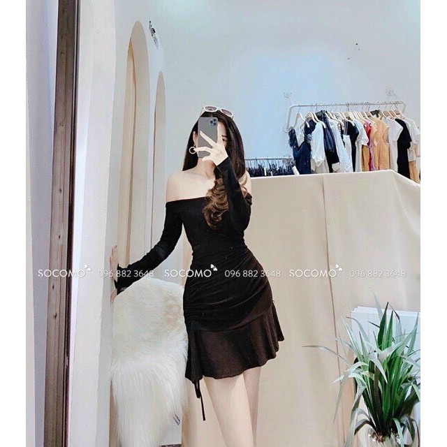 đầm borip dài tay kiểu trễ vai rút dây 1 bên