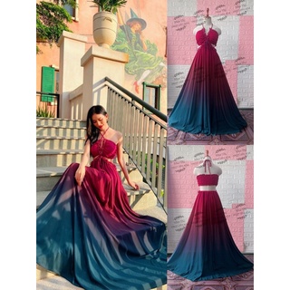 (miễn phí chỉnh váy) đầm maxi màu loang ombre yếm hở lưng khoét eo đi biển du lịch chụp hình sống ảo thiết kế sang trọng