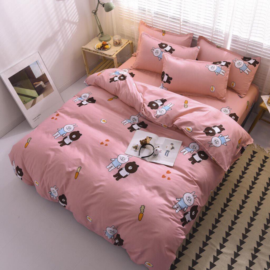 Bộ chăn ga gối drap giường chất cotton poly họa tiết gấu nâu và thỏ trắng