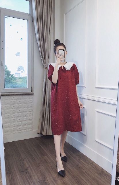 Váy bầu, đầm công sở BCA25 chất lụa chấm bi sang chảnh