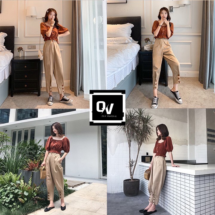 Set bộ tiểu thư chanh xả áo von lụa quần kaki loại dầy dáng bom - HÀNG XỊN - SHOP Q&V