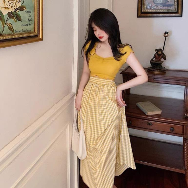 Set Váy Nữ, Set áo thun mix chân váy caro xoè hàng Qc loại 1 | BigBuy360 - bigbuy360.vn