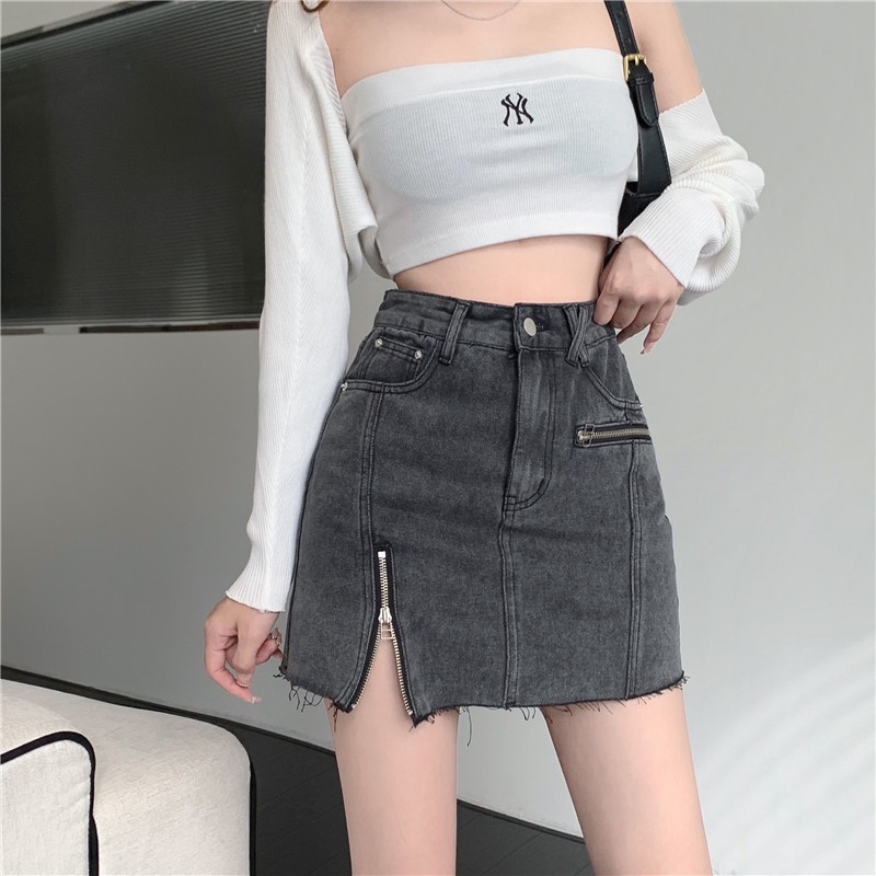 Chân Váy Denim Chữ A Lưng Cao Có Khóa Kéo Thời Trang Mùa Hè Phong Cách Trung Hoa