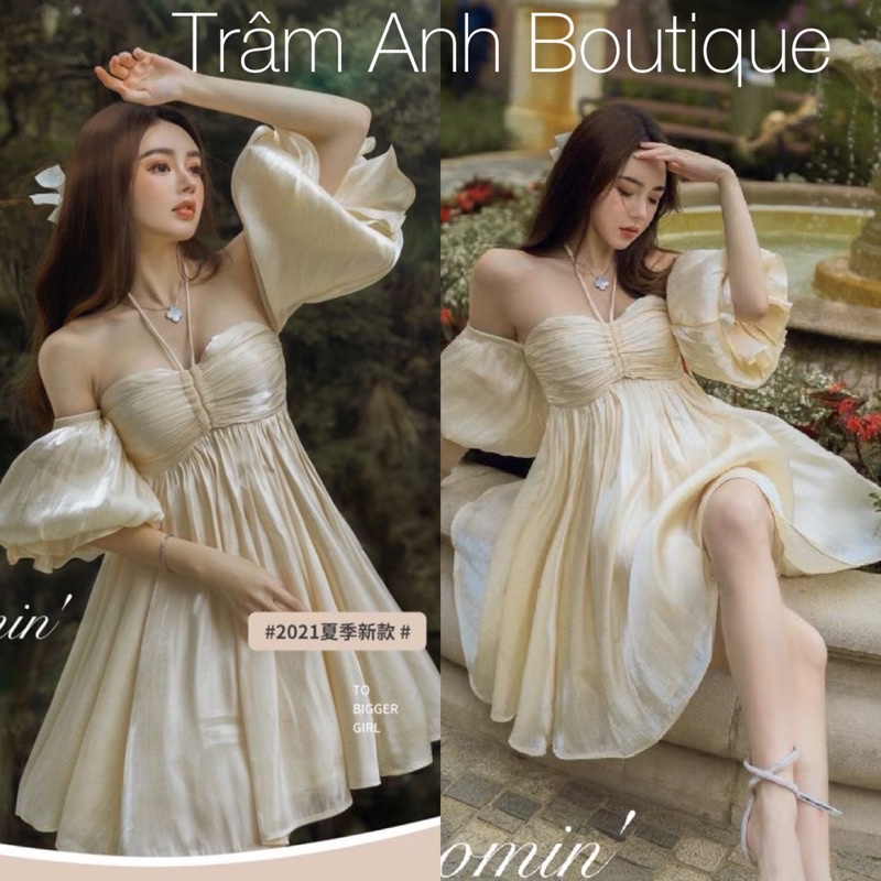 243 Đầm tơ trễ vai nude rút ngực TRÂM ANH BOUTIQUE siêu sang chảnh (có mút ngực) | BigBuy360 - bigbuy360.vn