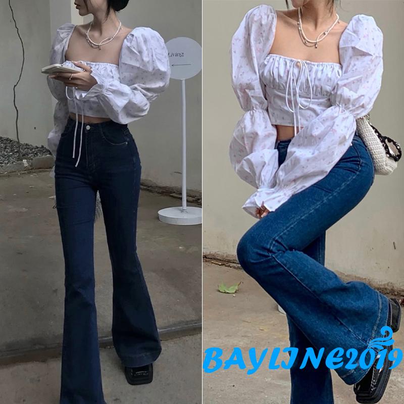 Áo croptop cổ vuông tay phồng in họa tiết hoa phong cách cổ điển thời trang cho nữ