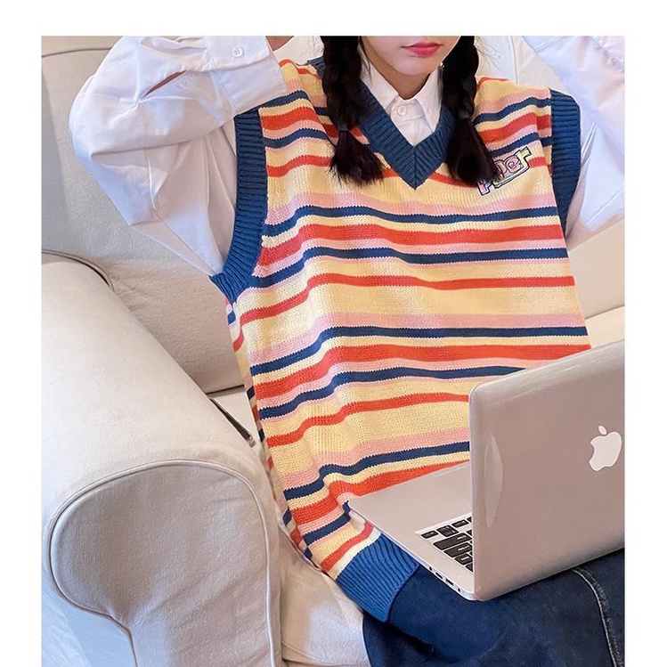 MỚI Áo dệt kim sát nách cổ chữ V họa tiết kẻ sọc phong cách Nhật Bản cho nữ