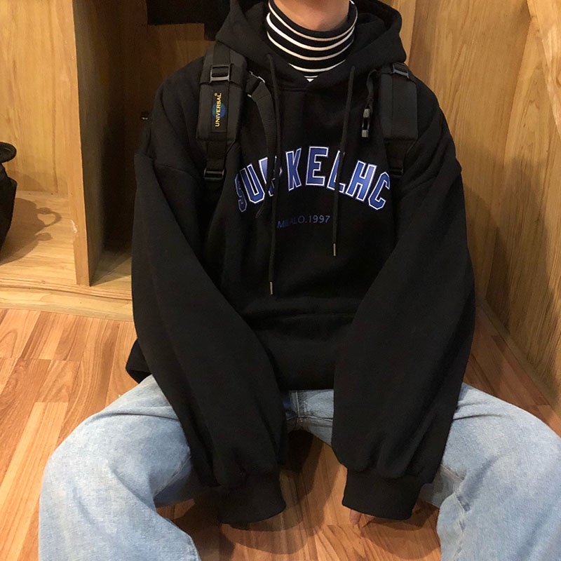 Áo hoodie tay dài lót nhung dày dặn in chữ phong cách Hàn Quốc thời trang mùa đông cho nam size M-5XL