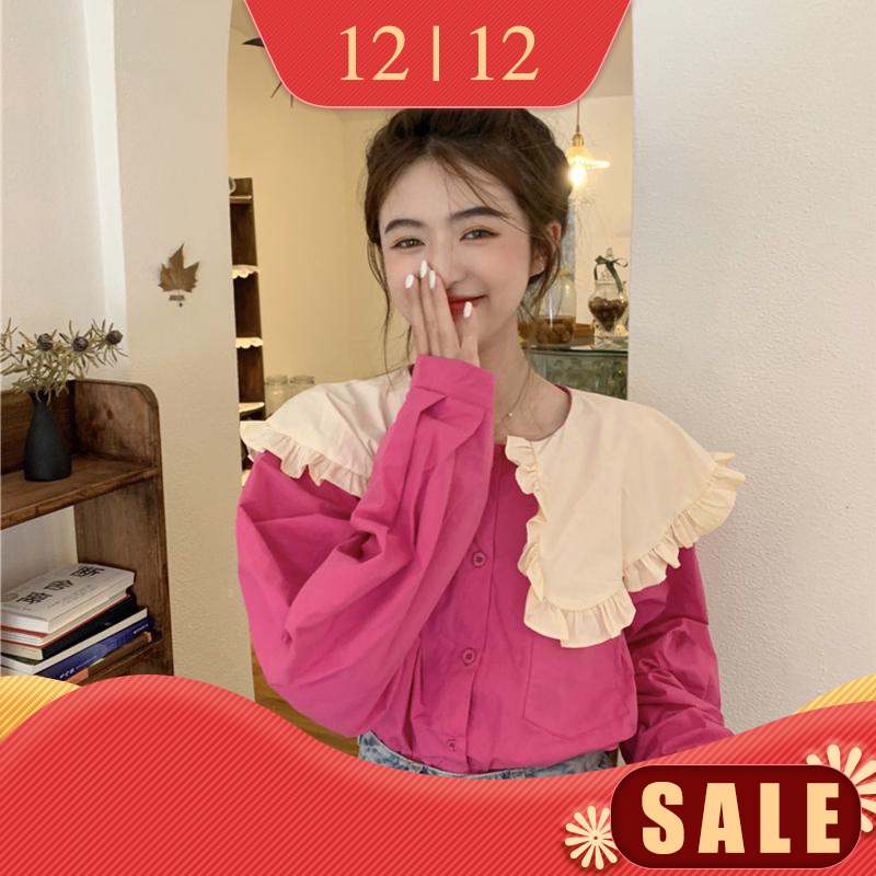 Áo sơ mi cổ búp bê phối bèo dáng rộng màu tương phản phong cách Hàn Quốc thời trang mùa thu cho nữ