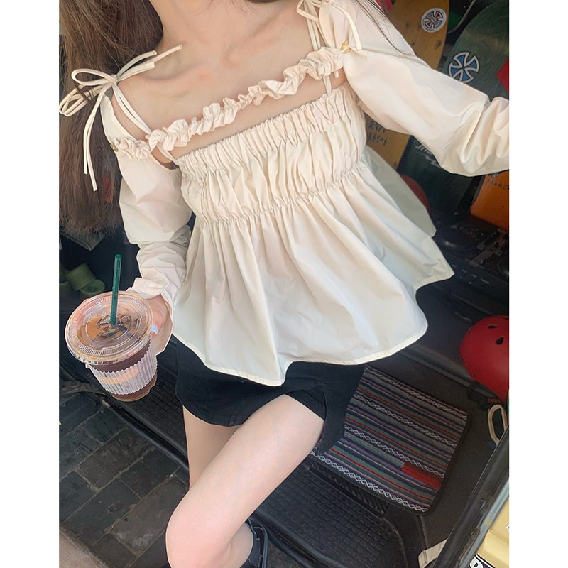 Ái tay dài trễ vai hai mảnh mỏng xếp ly | BigBuy360 - bigbuy360.vn