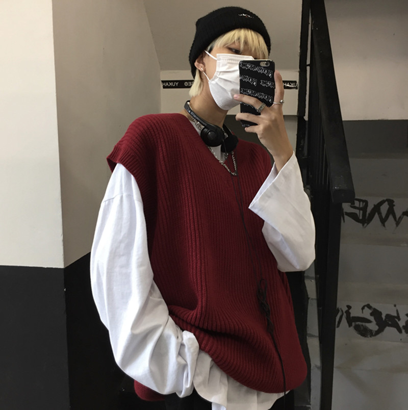Áo dệt kim không tay chui đầu cổ V đơn giản thời trang Hàn Quốc cho nam nữ 223301