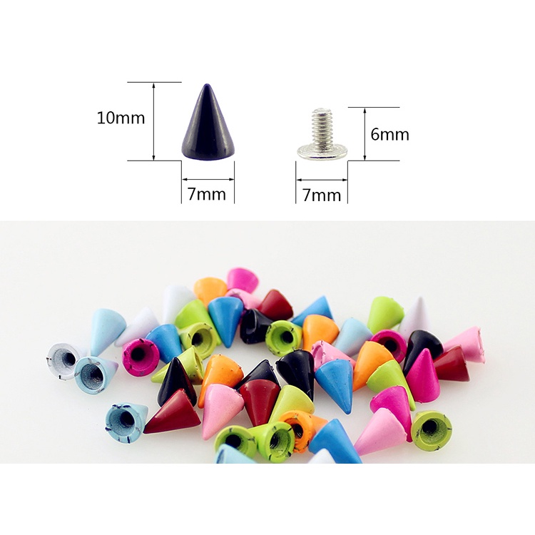 Set 50 Đinh Tán Hình Nón Nhiều Màu Sắc 7 * 10mm Dùng Để Trang Trí Quần Áo / Đồ Da / Giày Dép