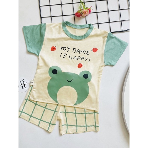 Bộ quần áo thun lạnh Minkymom hoạ tiết hình thú quần kẻ caro mềm mịn mát cho bé 5-15kg