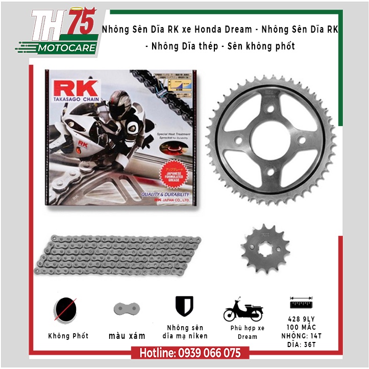 Bộ Nhông Sên Dĩa RK xe Honda Dream - Nhông Dĩa thép - Sên không phốt