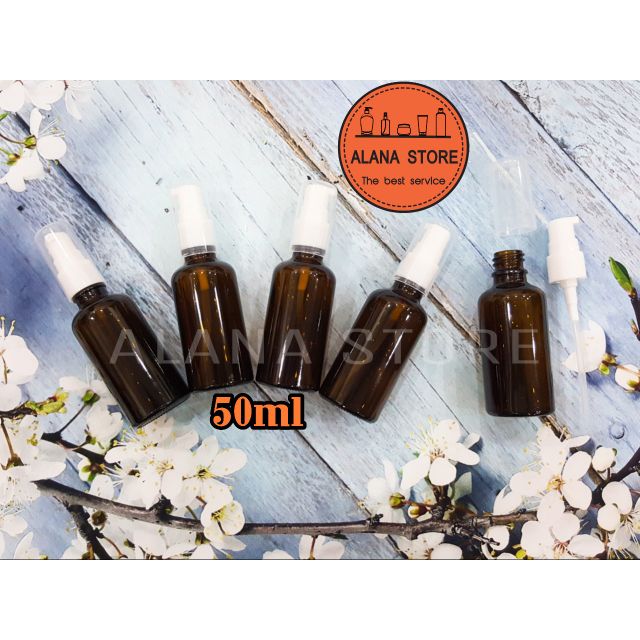 Lọ chiết mỹ phẩm thủy tinh nâu vòi ấn ngắn trắng 50ml