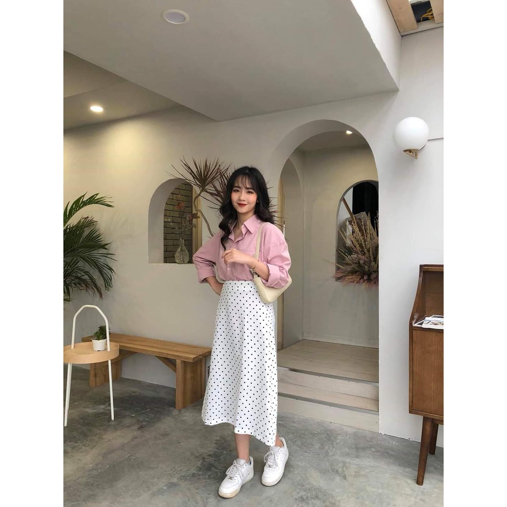 CHÂN VÁY CHẤM BI VINTAGE ĐEN TRĂNG ULZZANG