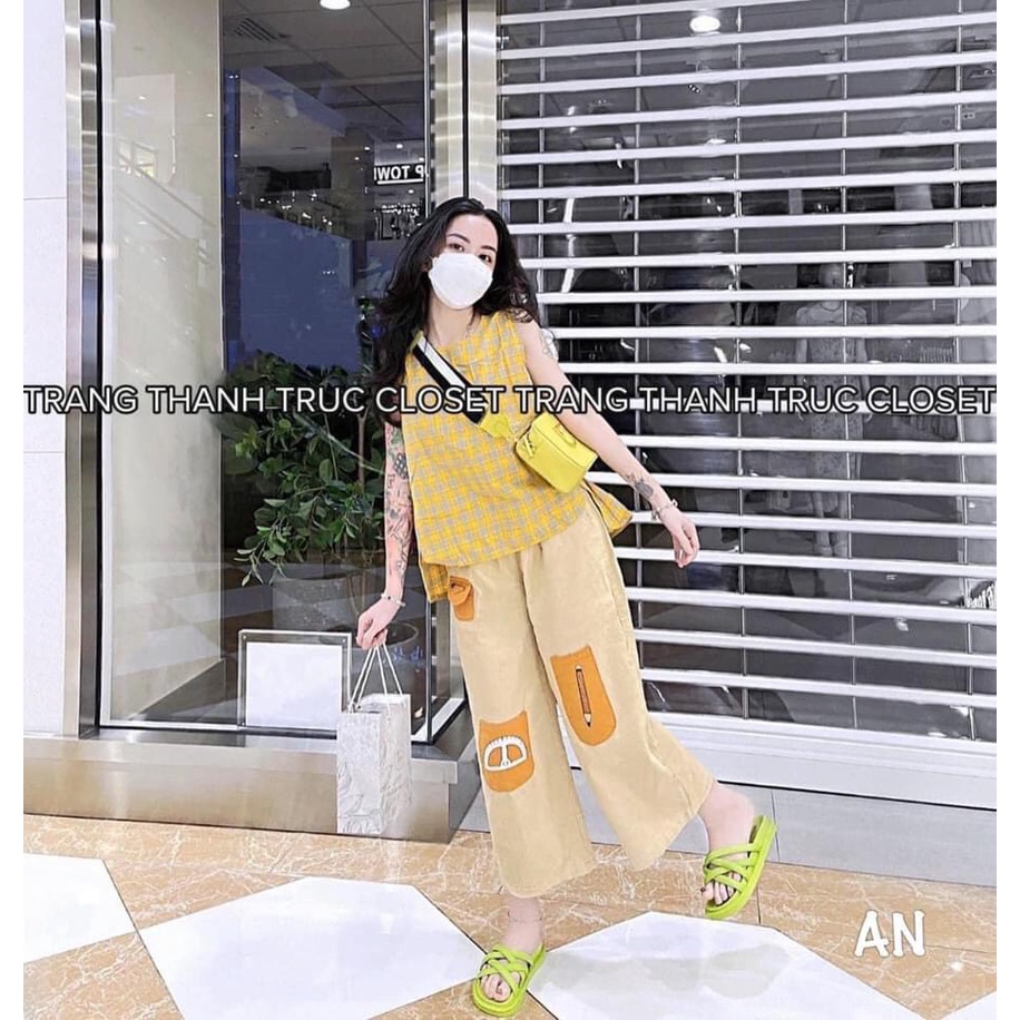 Set bộ đũi áo kẻ vàng mix quần suông