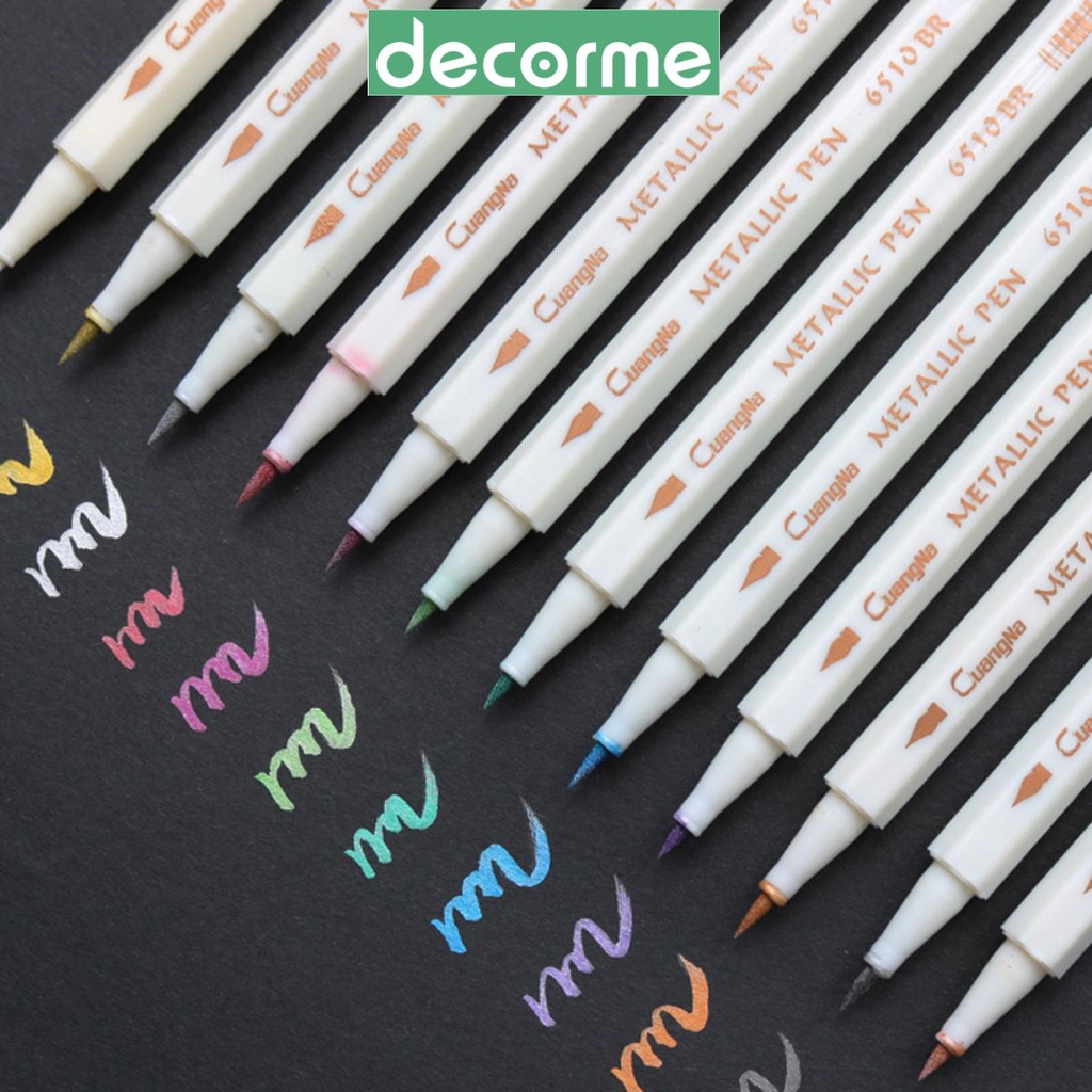 Bút brush pen metalic ánh nhũ DecorMe viết caligraphy trang trí sổ tay bullet journal full set nhiều màu