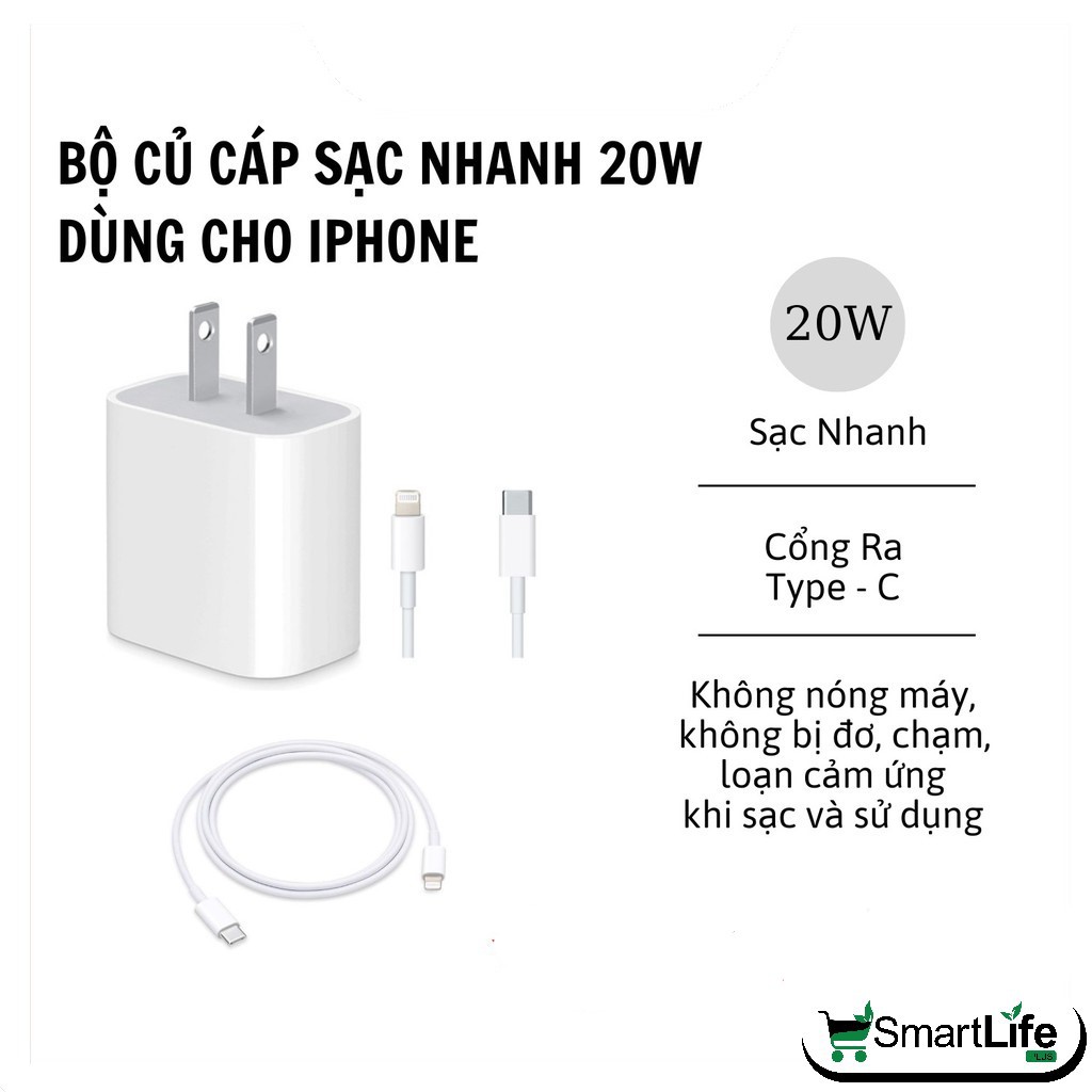 Bộ Sạc Nhanh lphone Chuẩn PD 20W Cho IP 6 7, 8, X, Xs, XSmax, 11, 11promax, 12, 12promax