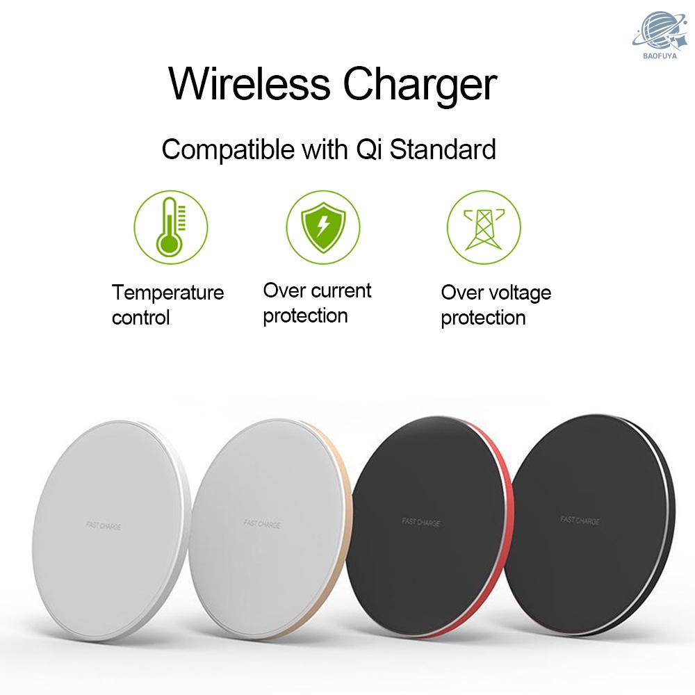 BF Portable Aluminum Alloy Ultra-thin Round Shape Qi Standard Wireless Charger 10W Fast Charging Pad Universal Phone Charge Base for i-Phone 8/8 Plus/X or for Samsung Galaxy S9+/S9/S8/S8+/S7/S7 Edge/S6 Edge+ and More