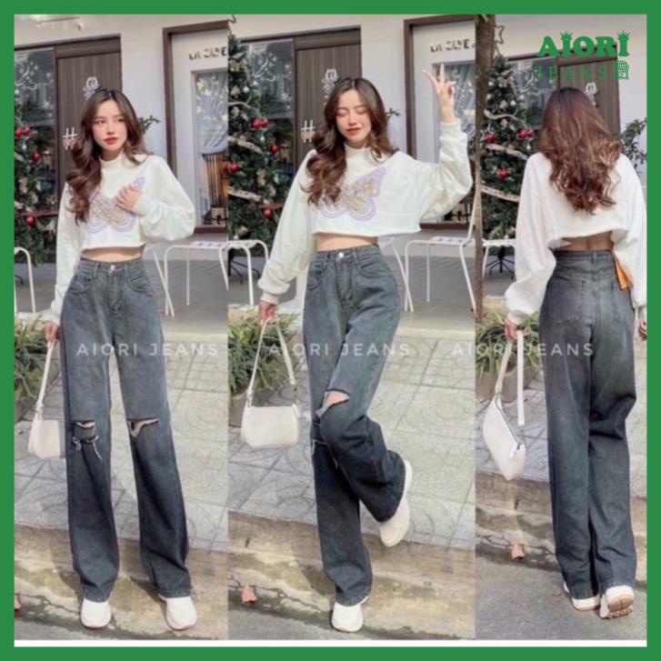 Quần Jeans Nữ Aiori Quần Suông Jeans Ống Rộng Rách Gối Loang Màu Xám, Chất Jeans Cotton Cực Xịn_Mã 3344