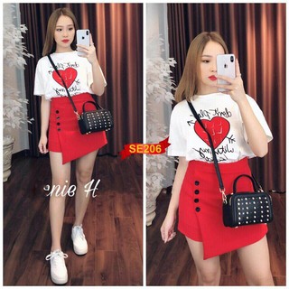 Set áo cotton kèm chân váy vạt xéo đính nút siêu yêu