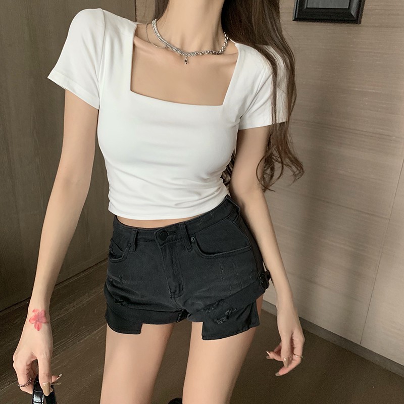 Áo Croptop Cổ Vuông Ôm Ngắn Tay, Áo Croptop nữ ngắn sexy màu TRẮNG | ĐEN Ulzzang