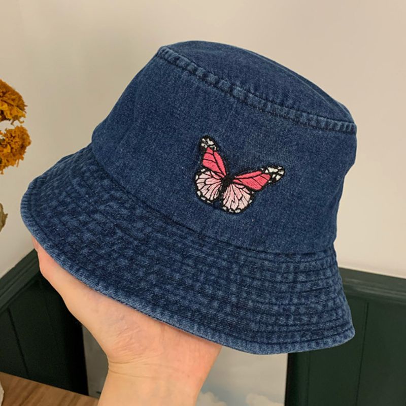 Nón Bucket Chất Liệu Denim Cotton Thêu Họa Tiết Bướm Thời Trang Unisex
