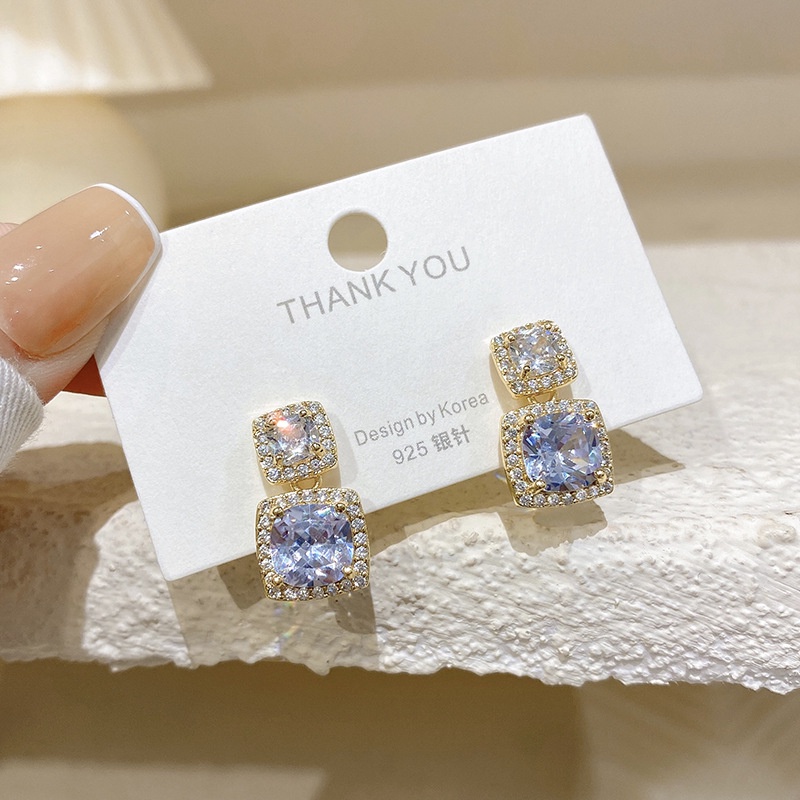 Bông Tai Mạ Vàng/Bạc Đính Đá zircon Hình Vuông Cỡ Lớn Phong Cách Hàn Quốc Đơn Giản Thời Trang