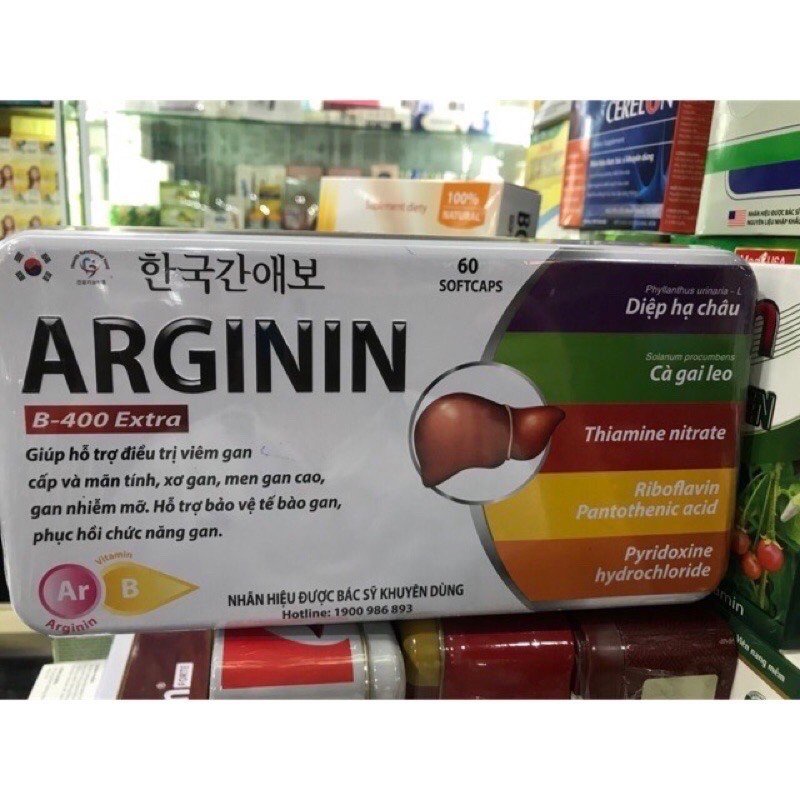 Bổ gan ARGININ B- 400 EXTRA - Hỗ trợ bảo vệ gan,hạ men gan,gan nhiễm mỡ,người uống nhiều rượu bia - Hộp 60 viên