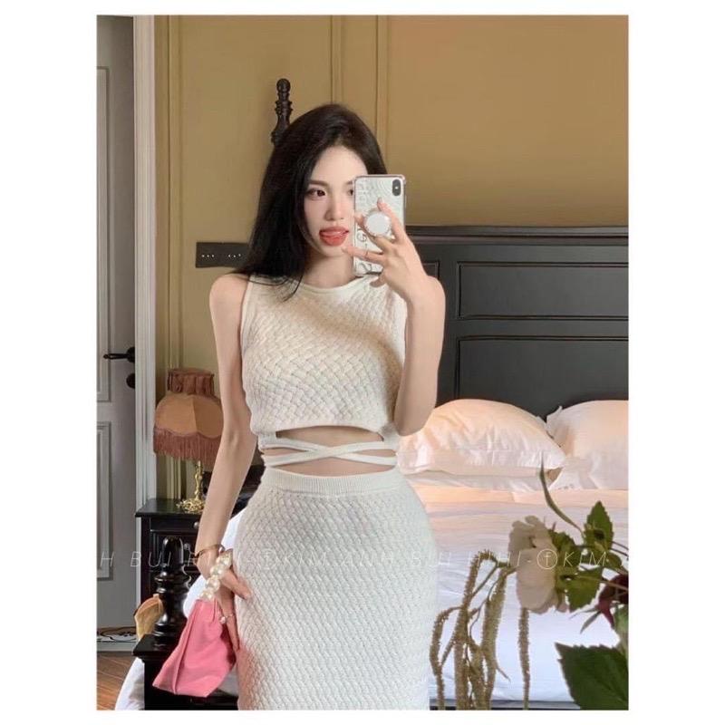 Set len xốp 3 màu quấn eo chân váy midi